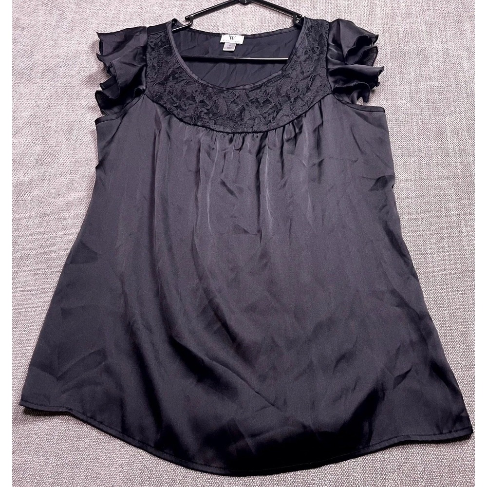 Worthington Blouse Top Womens Small Black Ruffled Sleeve Round Neck Lace Detail